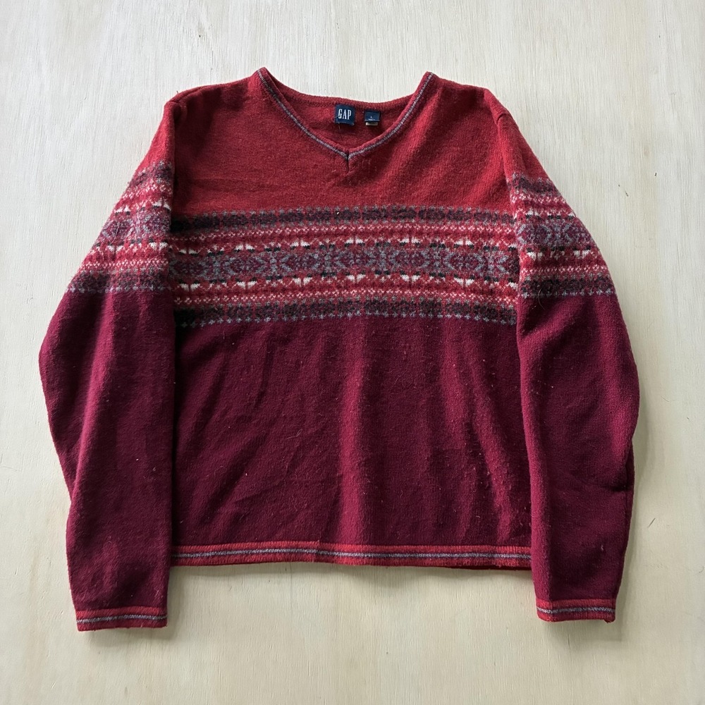 Gap Sweater Women Large Red Fair Isle V Neck Lambswool Knit Pullover Long Sleeve